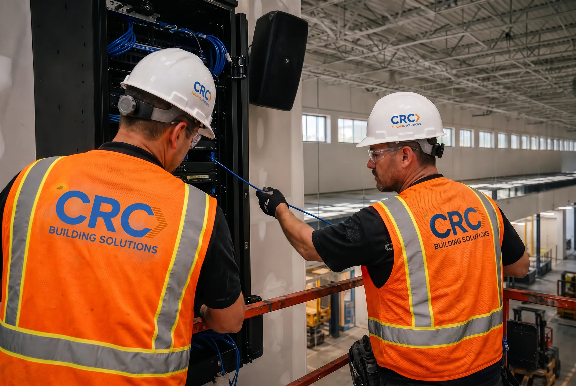 Two CRC Building Solutions low-voltage technicians in CRC-branded hi-vis vests terminating structured cabling at an open rack and mounting a speaker inside a distribution warehouse