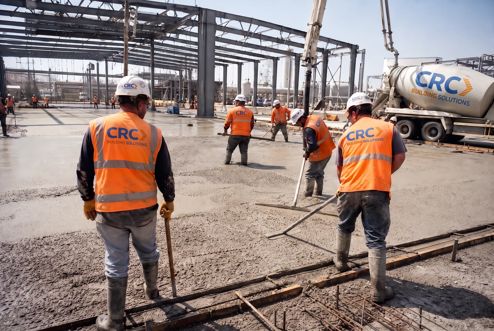 CRC Building Solutions concrete crew in CRC-branded hi-vis vests screeding a heavy industrial slab as a CRC-branded mixer truck discharges inside a steel-framed plant