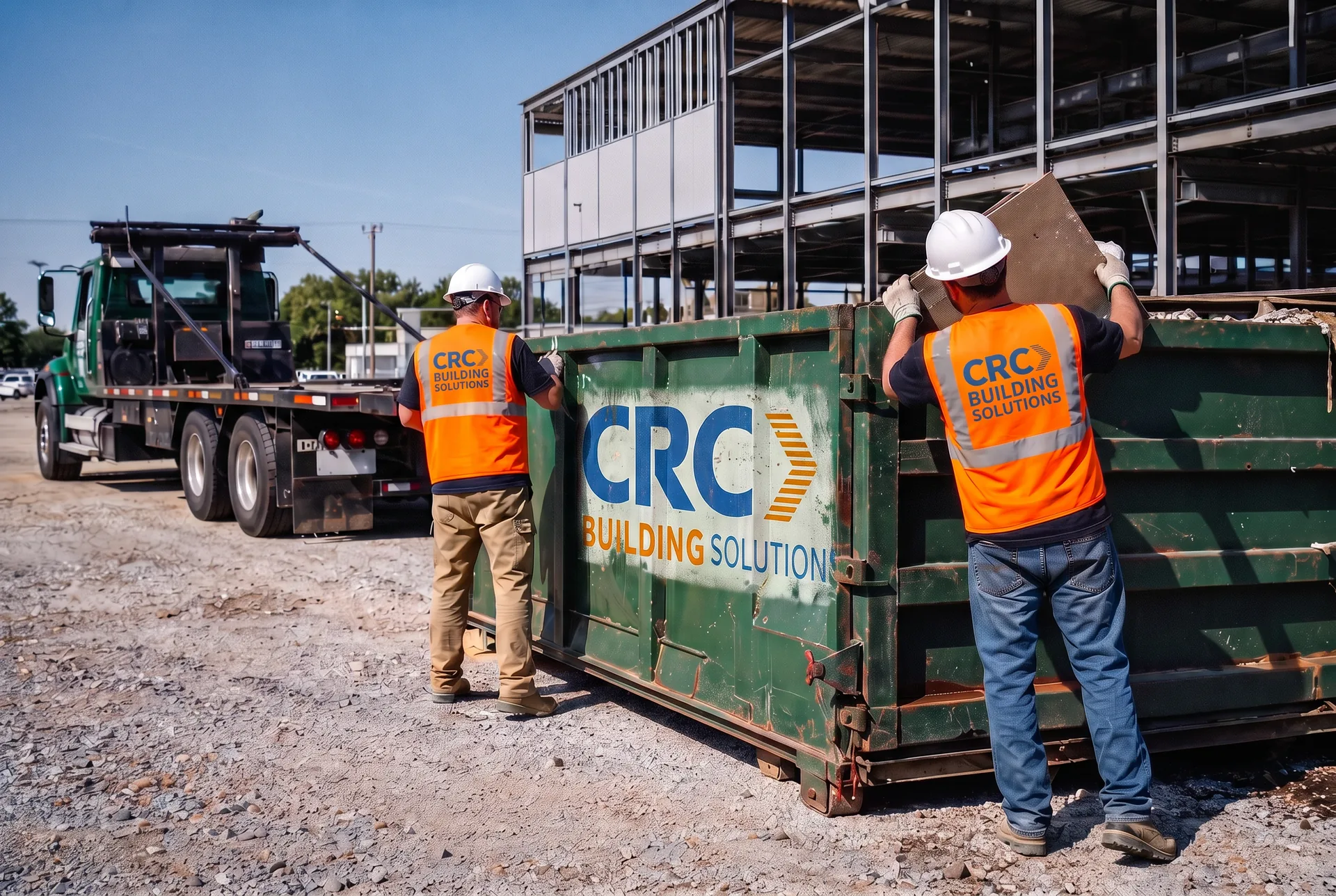 CRC Building Solutions crew in CRC-branded hi-vis vests loading construction debris into a CRC-branded roll-off dumpster while a hook-lift hauling truck stages the next container at a commercial jobsite