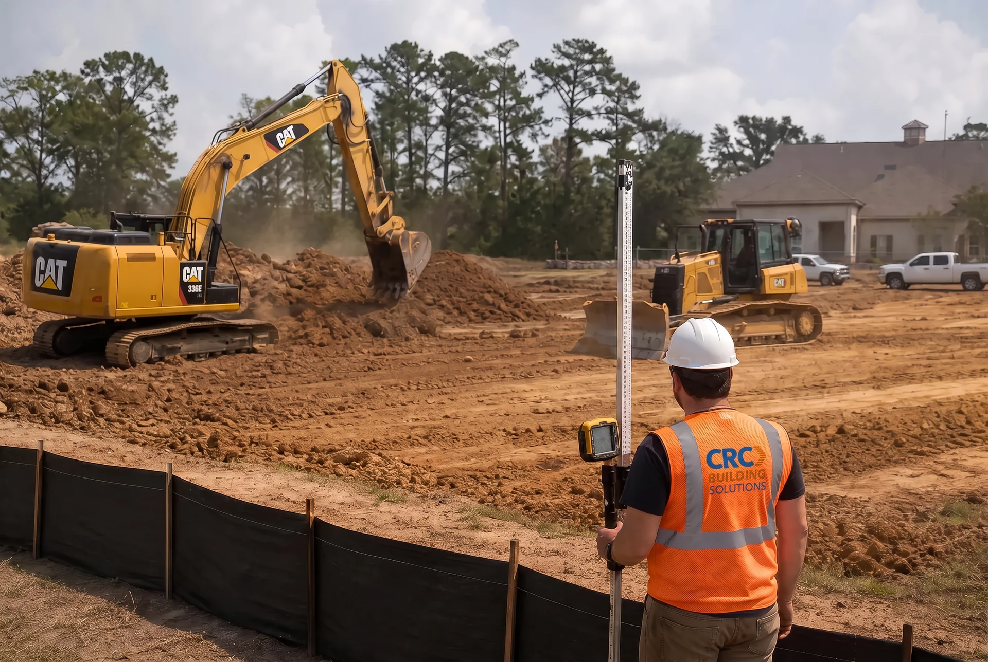 CRC Building Solutions grade checker in a CRC-branded hi-vis vest holding a grade rod while a tracked excavator and a dozer cut and grade a building pad behind black silt fence