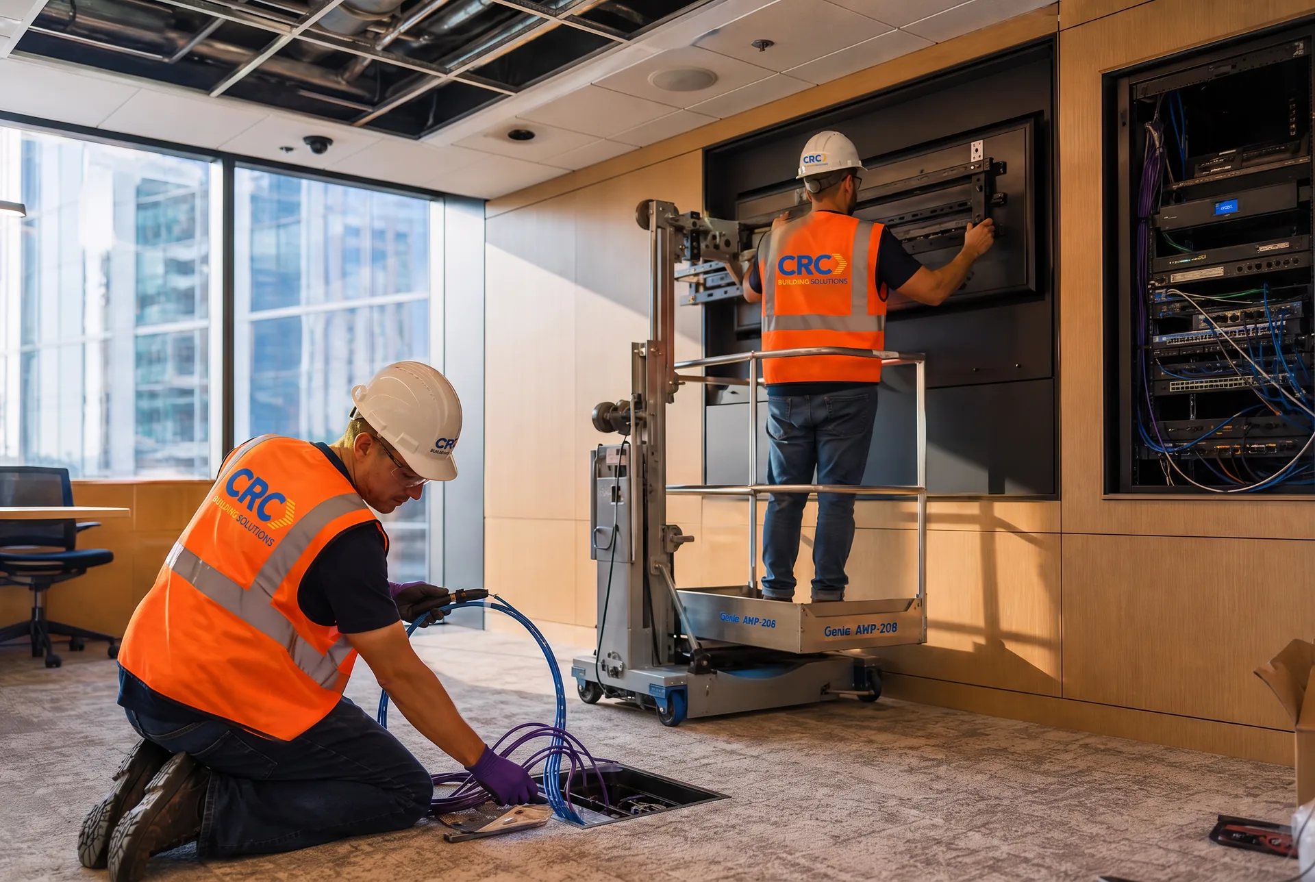 CRC Building Solutions low-voltage technicians in CRC-branded hi-vis vests pulling Cat6 from a floor box and mounting a display from a lift during a commercial fit-out in Gulfport, Louisiana
