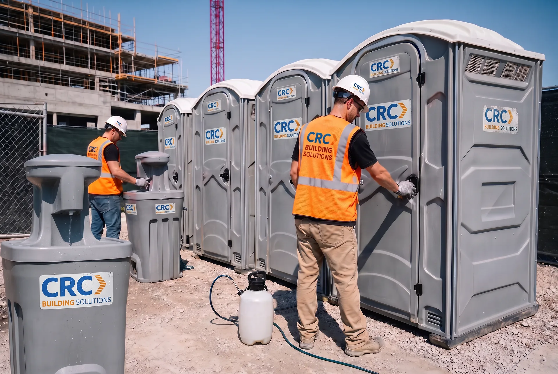 CRC Building Solutions crew in CRC-branded hi-vis vests servicing CRC-branded portable restrooms and hand-wash stations at a commercial jobsite in Gulfport, Louisiana