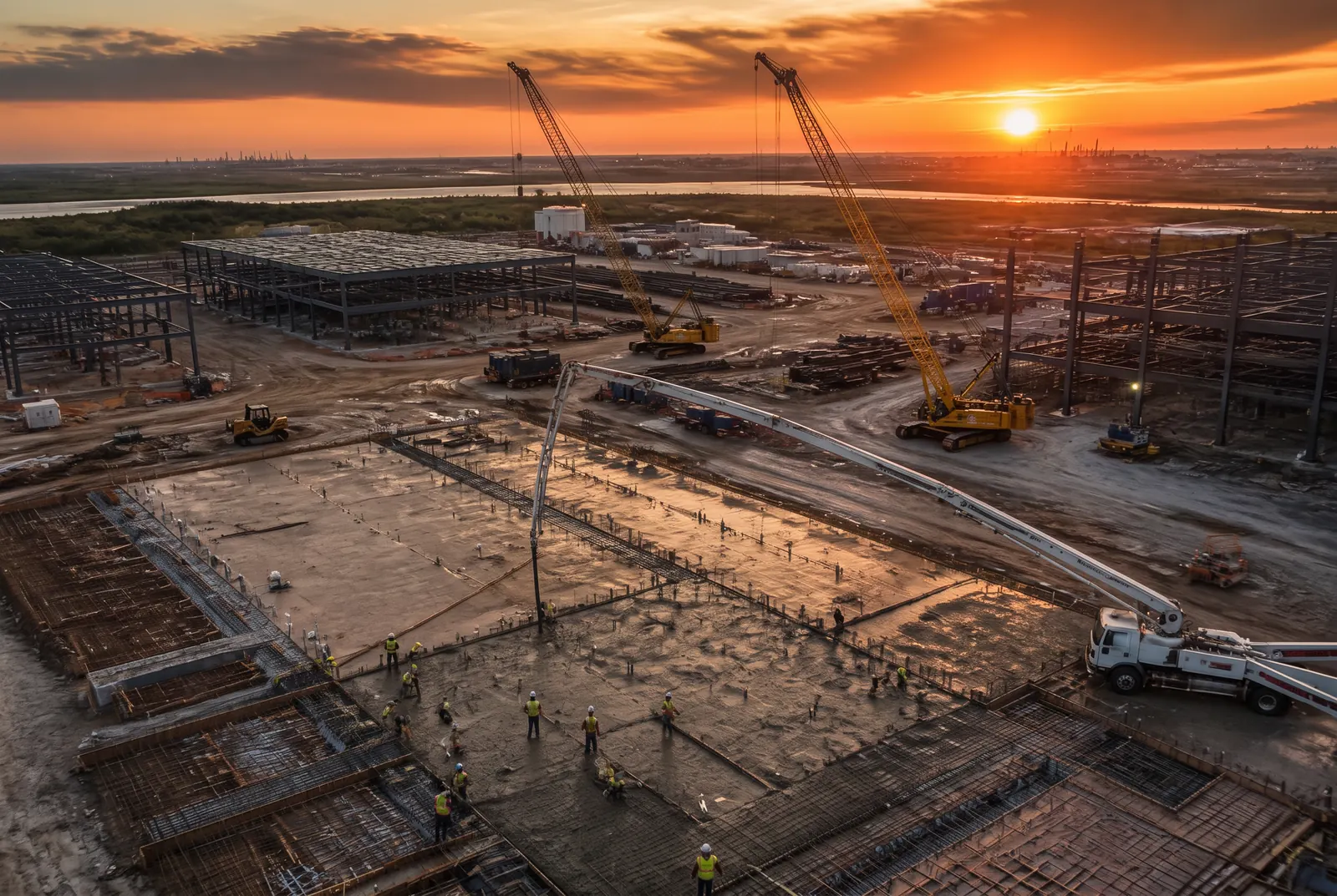 Aerial view at sunset of a CRC Building Solutions crew placing a large foundation pour by boom pump on an active Louisiana industrial jobsite, with crawler cranes and steel framing behind